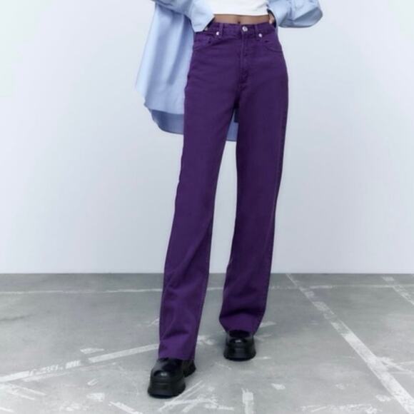 Zara NWT High-Rise Full Length Wide Leg Raw Hem Purple Denim Jeans, Size 4 - Picture 3 of 15